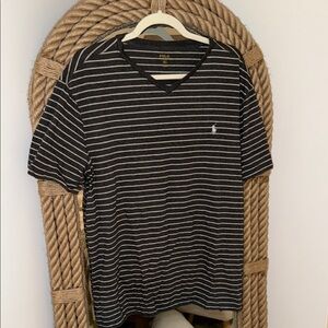 Polo by Ralph Lauren Gray and White Striped Short Sleeve V-neck